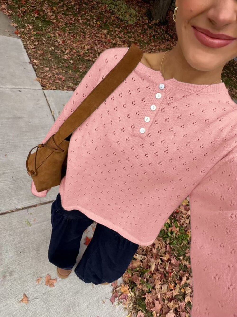 Pink Casual Women's Henley Collar Hollow Knit Sweater